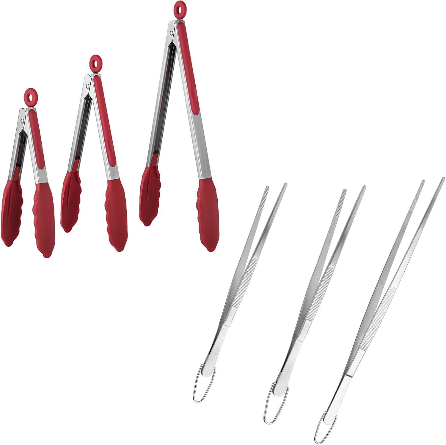 600ºF Heat Resistant 7/9/12 inches Silicone Cooking Tongs with Non Stick Rubber Tips Red and 8"+10"+12" Kitchen Tweezer Set: 18/8 Stainless Steel Food-Grade Metal Food Tong Pointed Tip