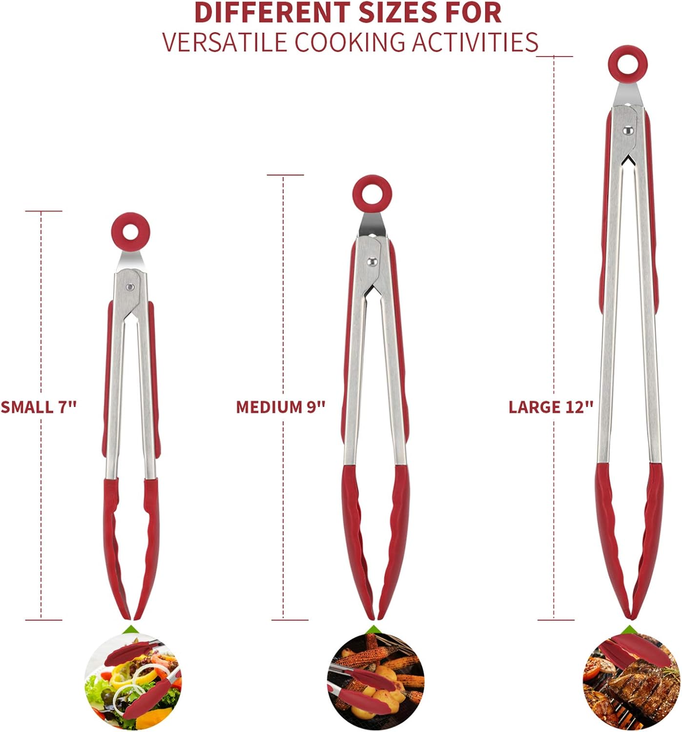 600ºF Heat Resistant 7/9/12 inches Silicone Cooking Tongs with Non Stick Rubber Tips Red and 8"+10"+12" Kitchen Tweezer Set: 18/8 Stainless Steel Food-Grade Metal Food Tong Pointed Tip