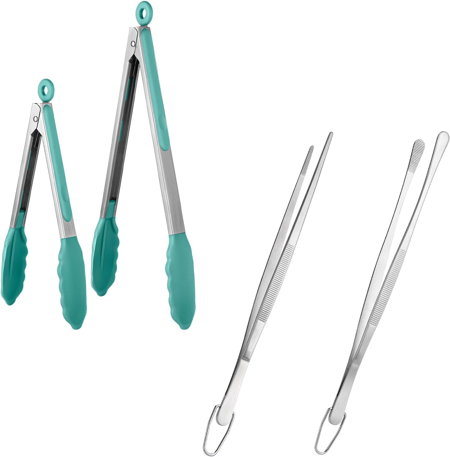 600ºF Heat Resistant 9+12 in Silicone Cooking Tongs with Non Stick Rubber Tips Aqua Sky and 12" Kitchen Tweezer Set: 18/8 Stainless Steel Food-Grade Metal Food Tong Round & Pointed Tip