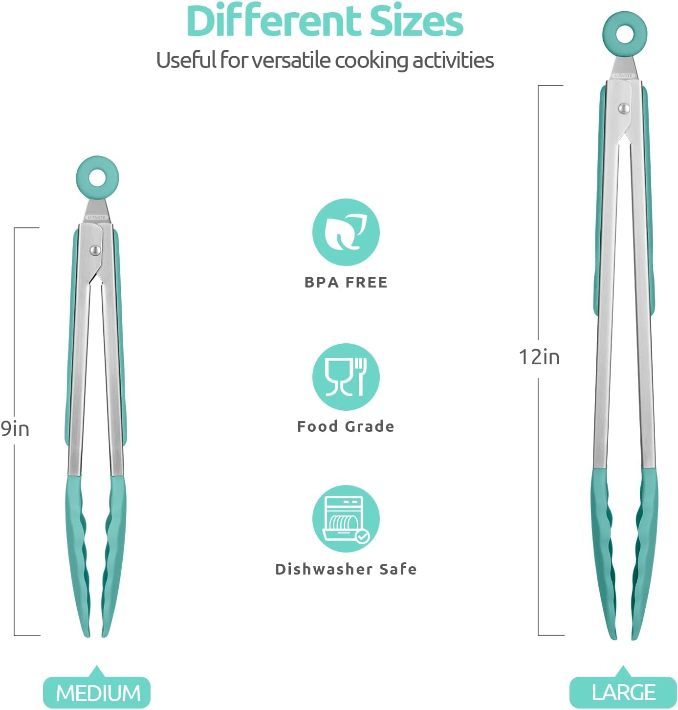 600ºF Heat Resistant 9+12 in Silicone Cooking Tongs with Non Stick Rubber Tips Aqua Sky and 12" Kitchen Tweezer Set: 18/8 Stainless Steel Food-Grade Metal Food Tong Round & Pointed Tip