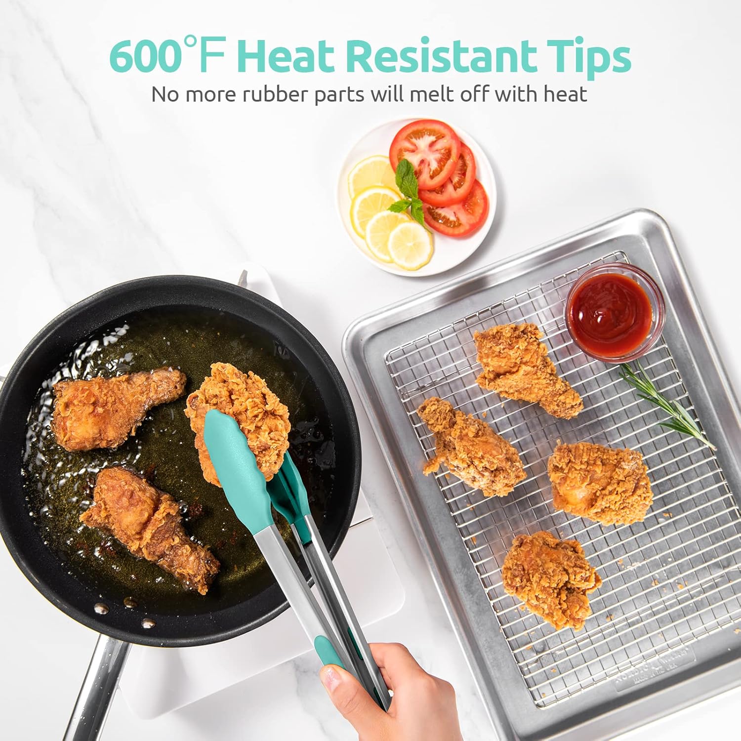 600ºF Heat Resistant 9+12 in Silicone Cooking Tongs with Non Stick Rubber Tips Aqua Sky and 12" Kitchen Tweezer Set: 18/8 Stainless Steel Food-Grade Metal Food Tong Round & Pointed Tip