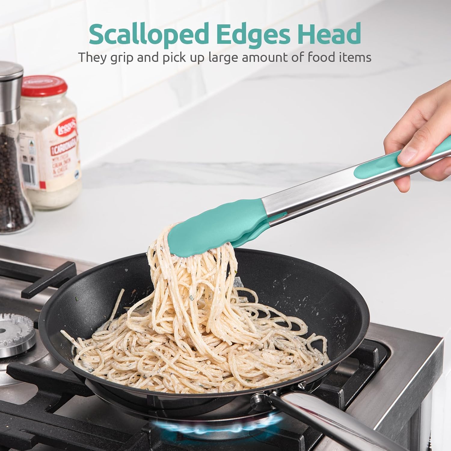 600ºF Heat Resistant 9+12 in Silicone Cooking Tongs with Non Stick Rubber Tips Aqua Sky and 12" Kitchen Tweezer Set: 18/8 Stainless Steel Food-Grade Metal Food Tong Round & Pointed Tip