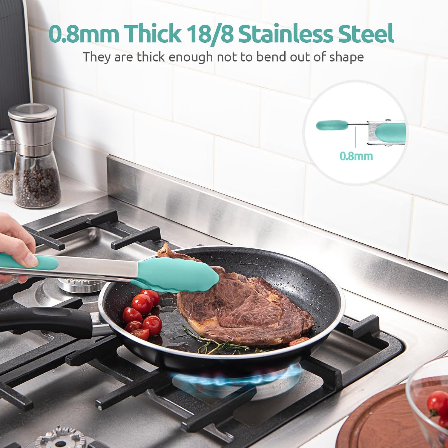 600ºF Heat Resistant 9+12 in Silicone Cooking Tongs with Non Stick Rubber Tips Aqua Sky and 12" Kitchen Tweezer Set: 18/8 Stainless Steel Food-Grade Metal Food Tong Round & Pointed Tip