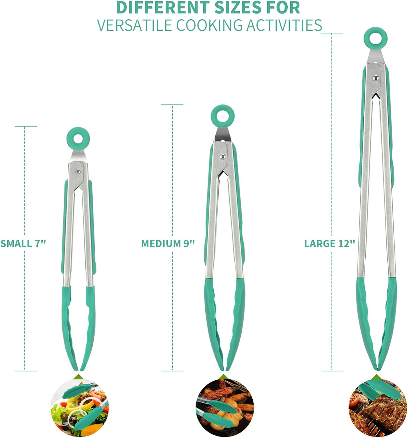 600ºF Heat Resistant 7/9/12 inches Silicone Cooking Tongs with Non Stick Rubber Tips Aqua Sky and 8"+10"+12" Kitchen Tweezer Set:18/8 Stainless Steel Food-Grade Metal Food Tong Pointed Tip