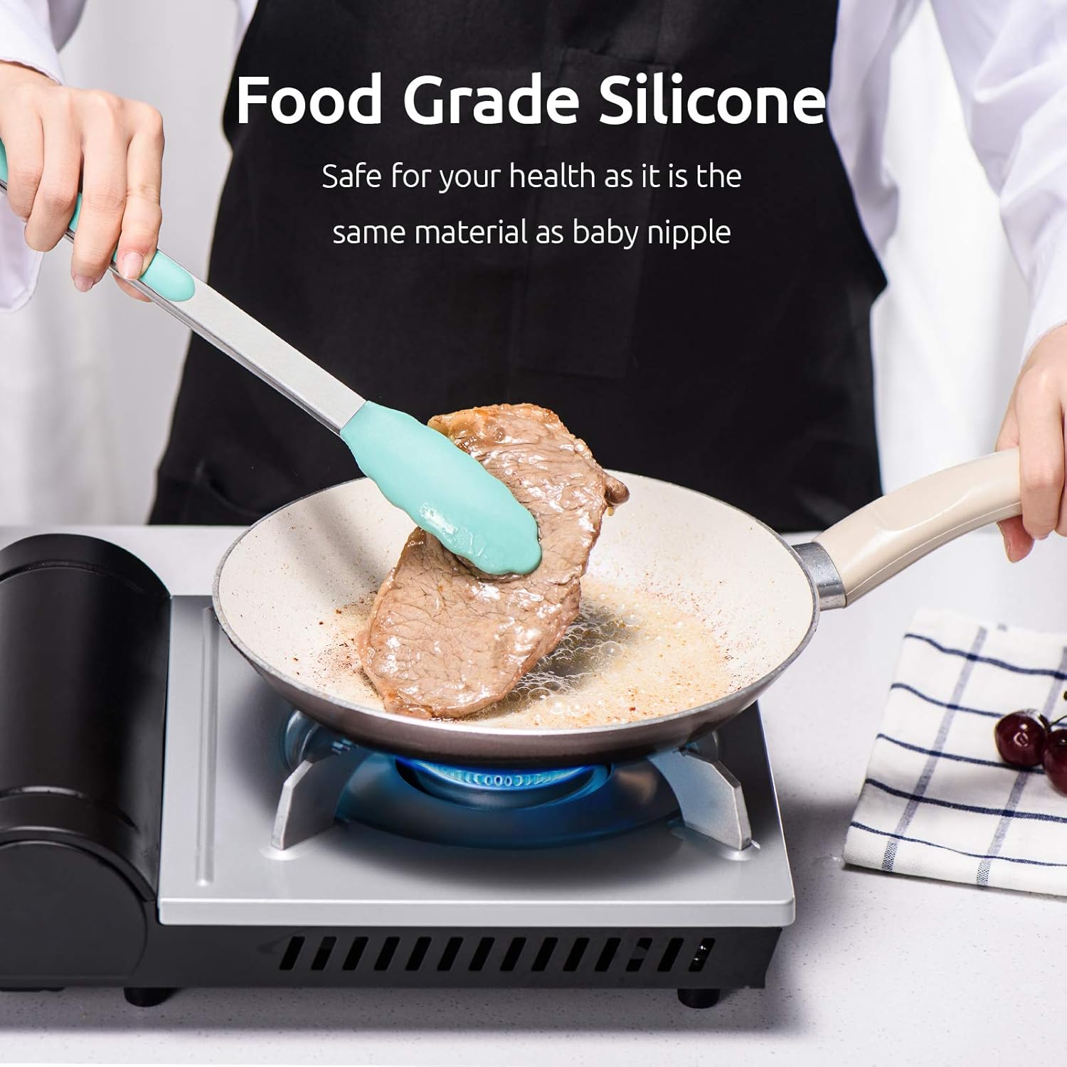 600ºF Heat Resistant 7/9/12 inches Silicone Cooking Tongs with Non Stick Rubber Tips Aqua Sky and 8"+10"+12" Kitchen Tweezer Set:18/8 Stainless Steel Food-Grade Metal Food Tong Pointed Tip