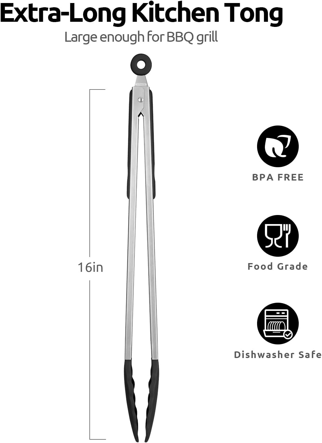 600ºF Heat Resistant 16in Silicone Cooking Tongs with Non Stick Rubber Tips Black and 12" Kitchen Tweezer Set: 18/8 Stainless Steel Food-Grade Metal Food Tong Round & Pointed Tip