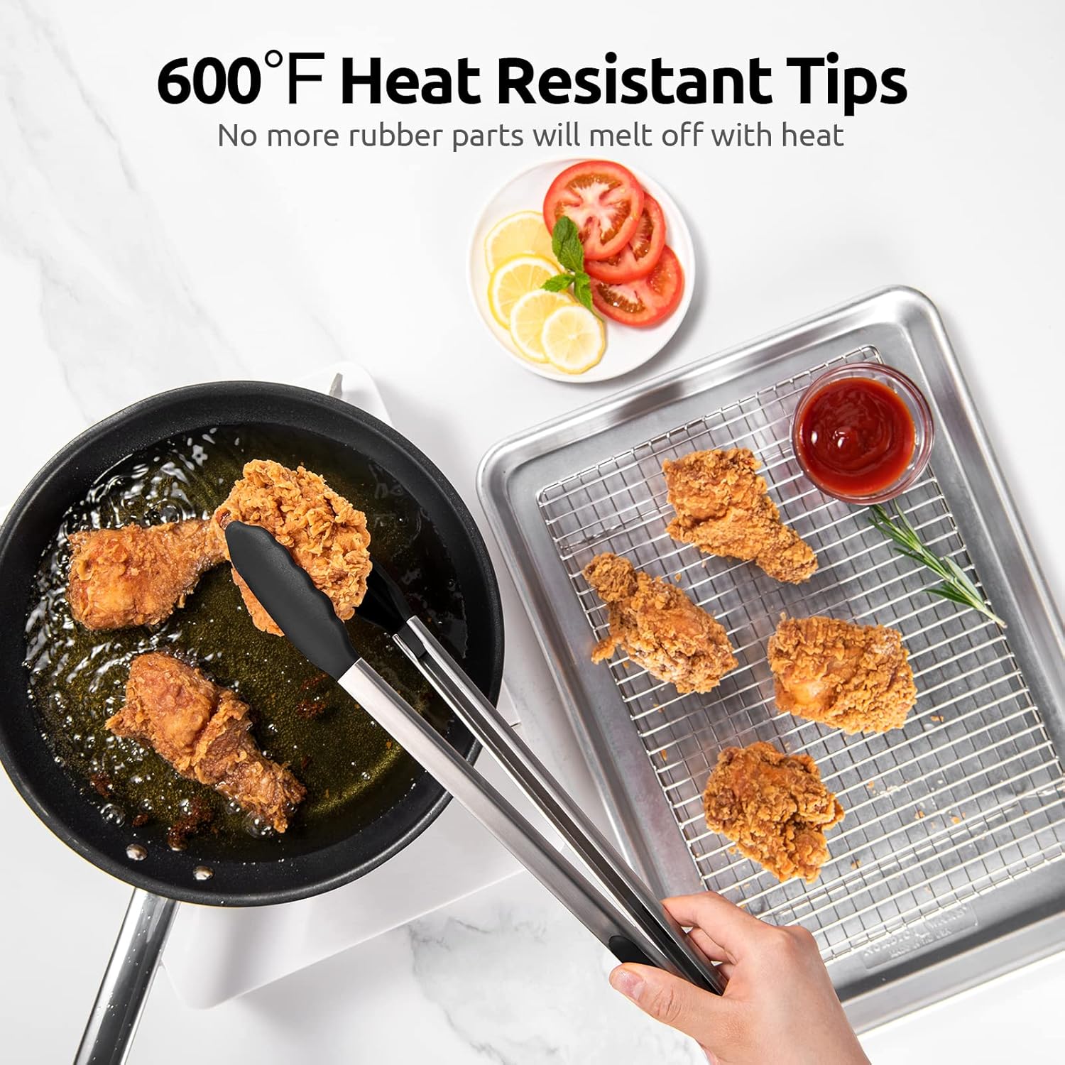 600ºF Heat Resistant 16in Silicone Cooking Tongs with Non Stick Rubber Tips Black and 12" Kitchen Tweezer Set: 18/8 Stainless Steel Food-Grade Metal Food Tong Round & Pointed Tip