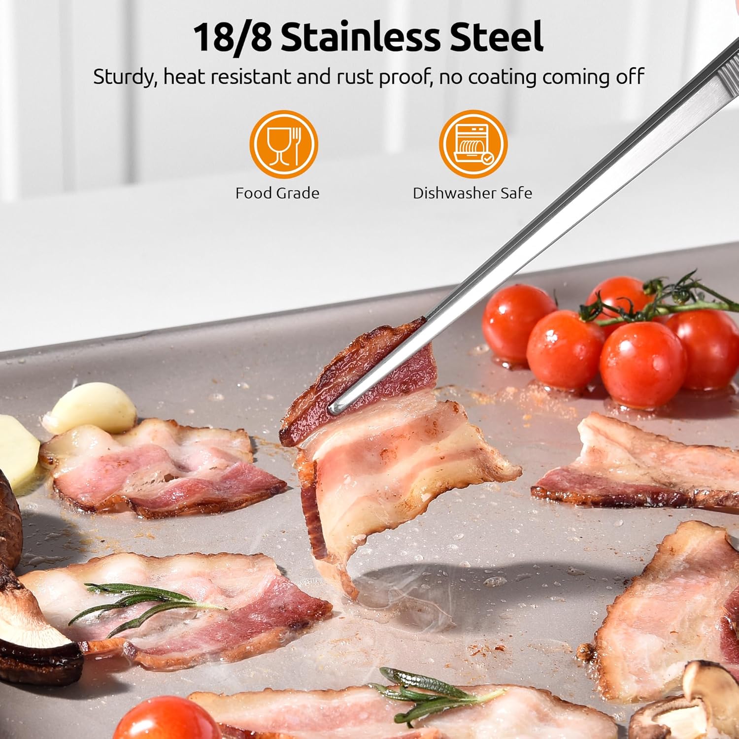 600ºF Heat Resistant 16in Silicone Cooking Tongs with Non Stick Rubber Tips Black and 12" Kitchen Tweezer Set: 18/8 Stainless Steel Food-Grade Metal Food Tong Round & Pointed Tip