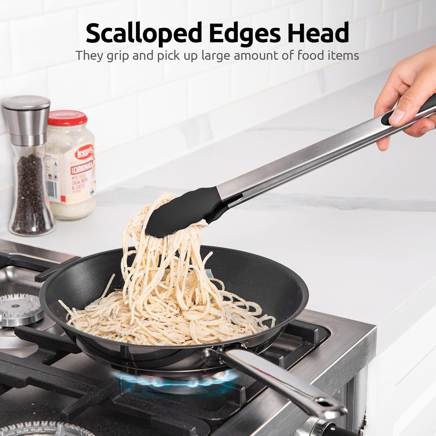 600ºF Heat Resistant 16in Silicone Cooking Tongs with Non Stick Rubber Tips Black and 12" Kitchen Tweezer Set: 18/8 Stainless Steel Food-Grade Metal Food Tong Round & Pointed Tip