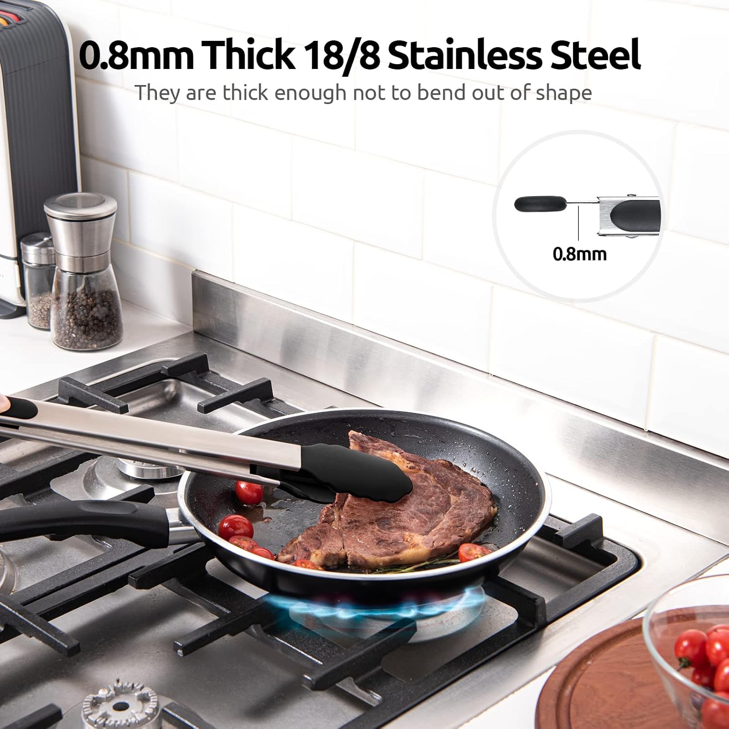 600ºF Heat Resistant 16in Silicone Cooking Tongs with Non Stick Rubber Tips Black and 12" Kitchen Tweezer Set: 18/8 Stainless Steel Food-Grade Metal Food Tong Round & Pointed Tip