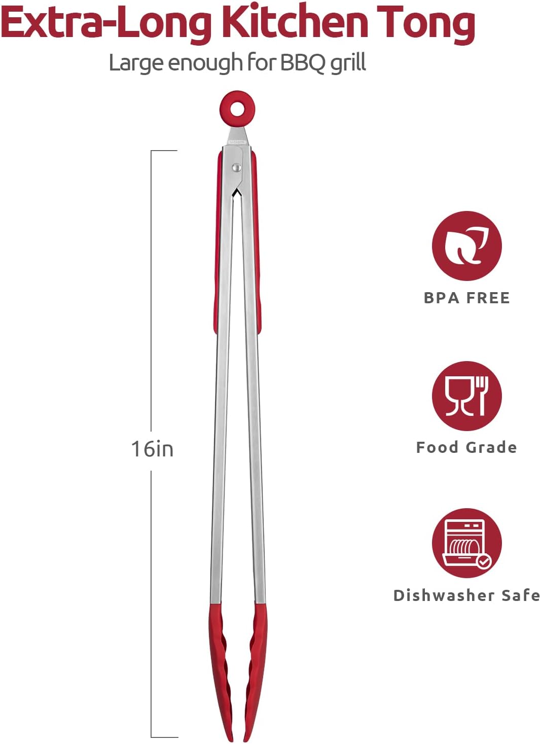 600ºF Heat Resistant 16in Silicone Cooking Tongs with Non Stick Rubber Tips Red and 12" Kitchen Tweezer Set: 18/8 Stainless Steel Food-Grade Metal Food Tong Round & Pointed Tip
