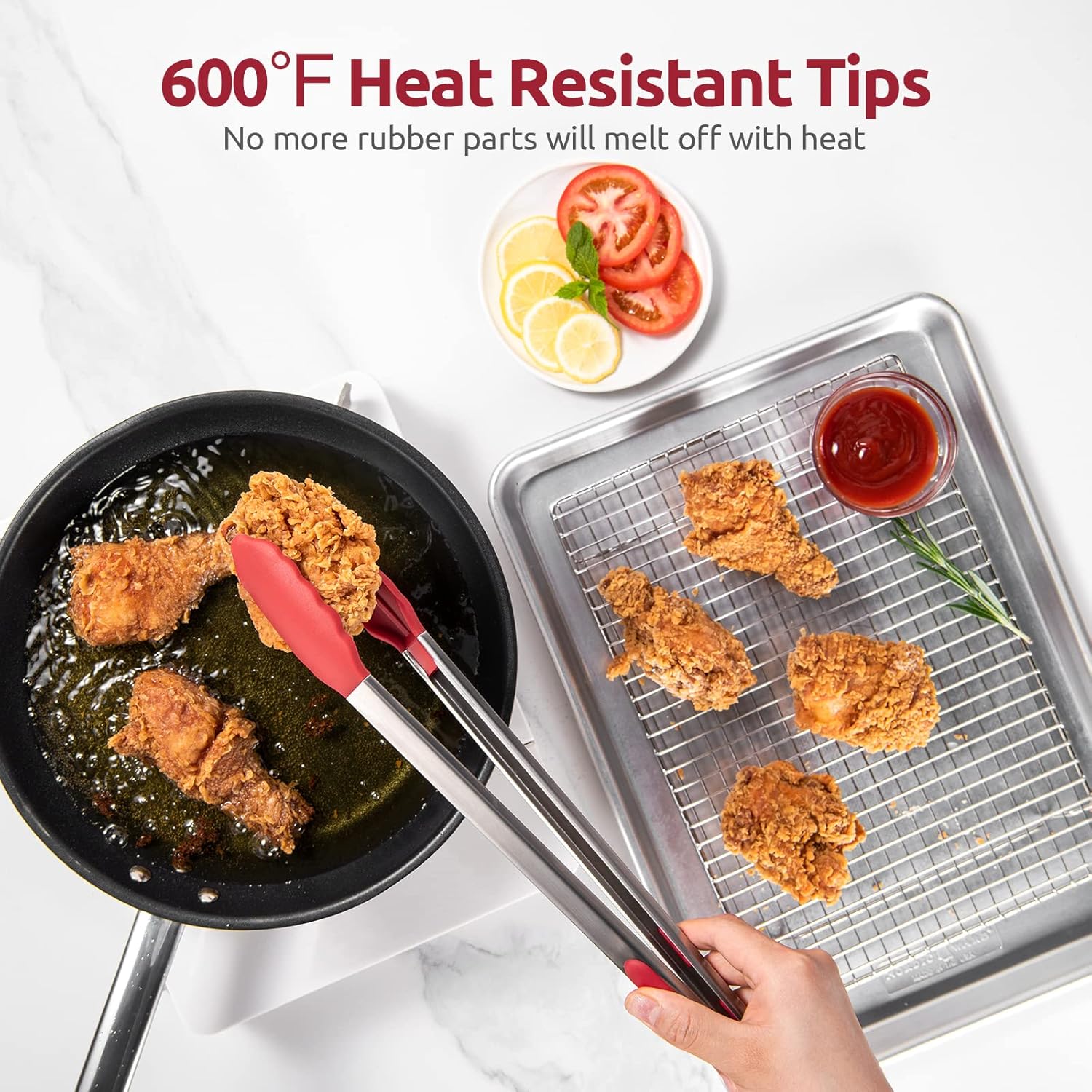 600ºF Heat Resistant 16in Silicone Cooking Tongs with Non Stick Rubber Tips Red and 12" Kitchen Tweezer Set: 18/8 Stainless Steel Food-Grade Metal Food Tong Round & Pointed Tip