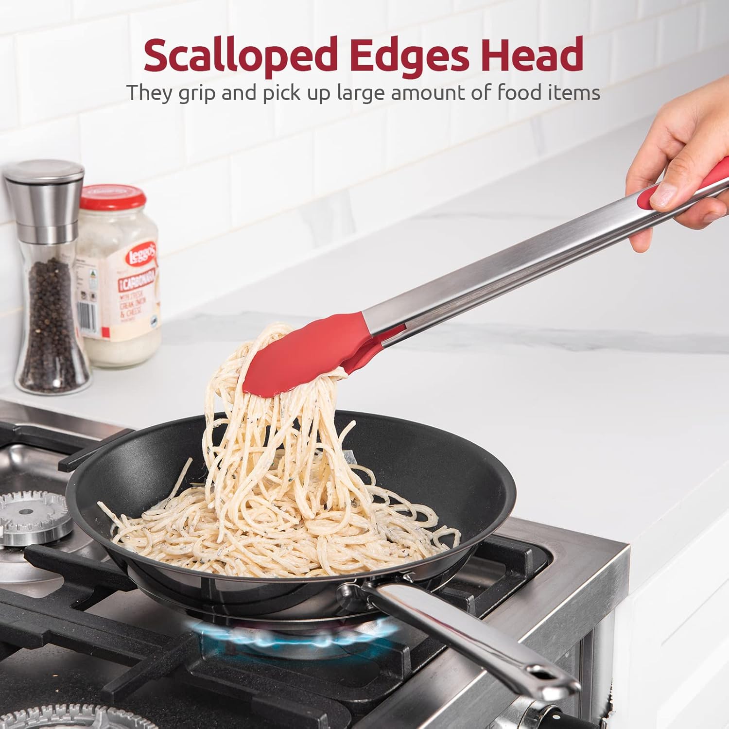 600ºF Heat Resistant 16in Silicone Cooking Tongs with Non Stick Rubber Tips Red and 12" Kitchen Tweezer Set: 18/8 Stainless Steel Food-Grade Metal Food Tong Round & Pointed Tip