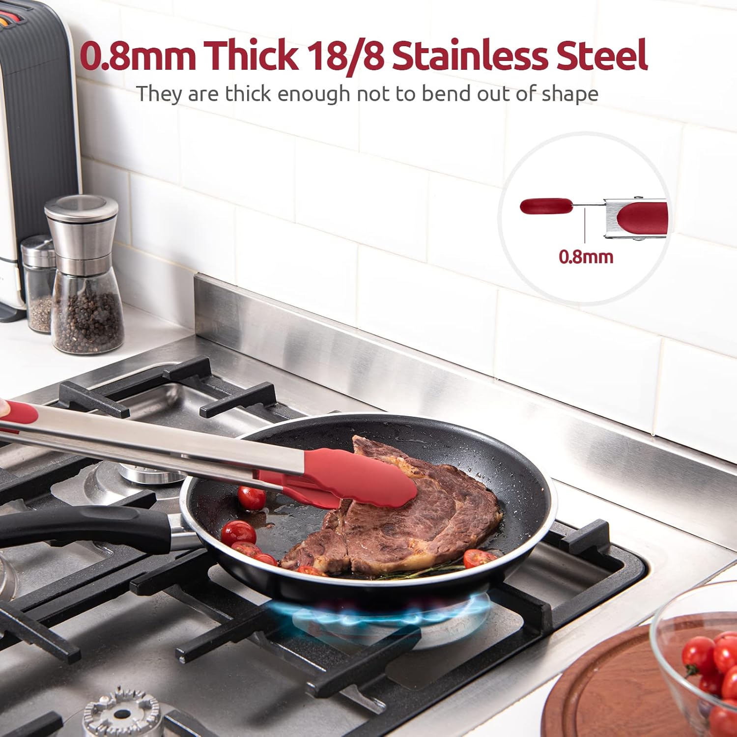 600ºF Heat Resistant 16in Silicone Cooking Tongs with Non Stick Rubber Tips Red and 12" Kitchen Tweezer Set: 18/8 Stainless Steel Food-Grade Metal Food Tong Round & Pointed Tip