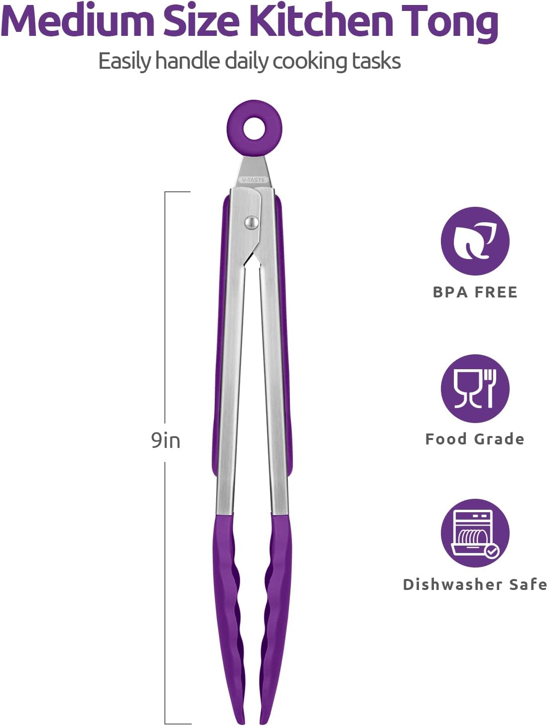 600ºF Heat Resistant 9in Silicone Cooking Tongs with Non Stick Rubber Tips Purple and 10" Kitchen Cooking Tweezer Set: 18/8 Stainless Steel Food-Grade Metal Food Tong Round & Pointed Tip