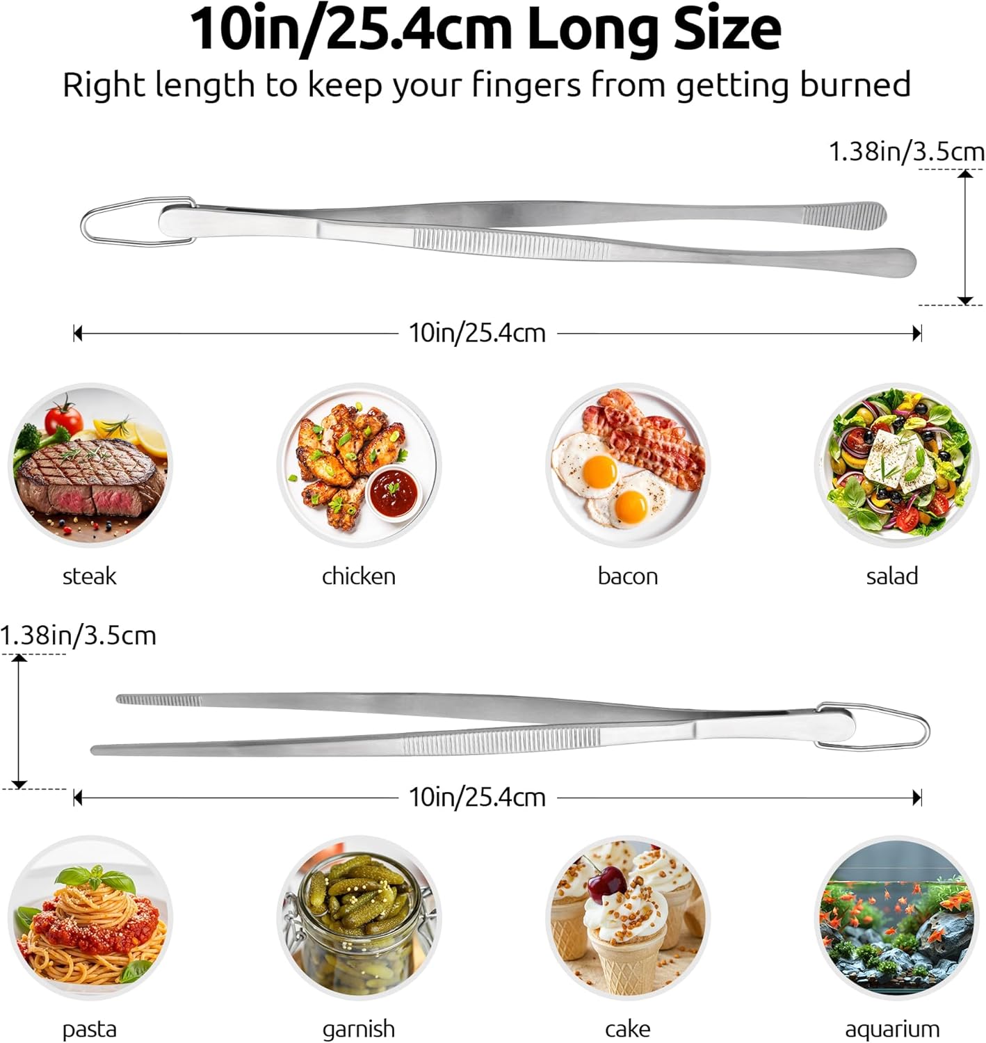600ºF Heat Resistant 9in Silicone Cooking Tongs with Non Stick Rubber Tips Purple and 10" Kitchen Cooking Tweezer Set: 18/8 Stainless Steel Food-Grade Metal Food Tong Round & Pointed Tip