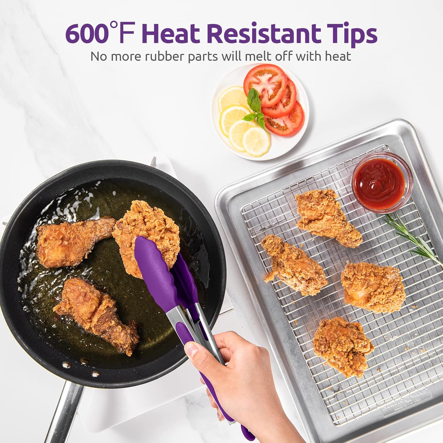 600ºF Heat Resistant 9in Silicone Cooking Tongs with Non Stick Rubber Tips Purple and 10" Kitchen Cooking Tweezer Set: 18/8 Stainless Steel Food-Grade Metal Food Tong Round & Pointed Tip