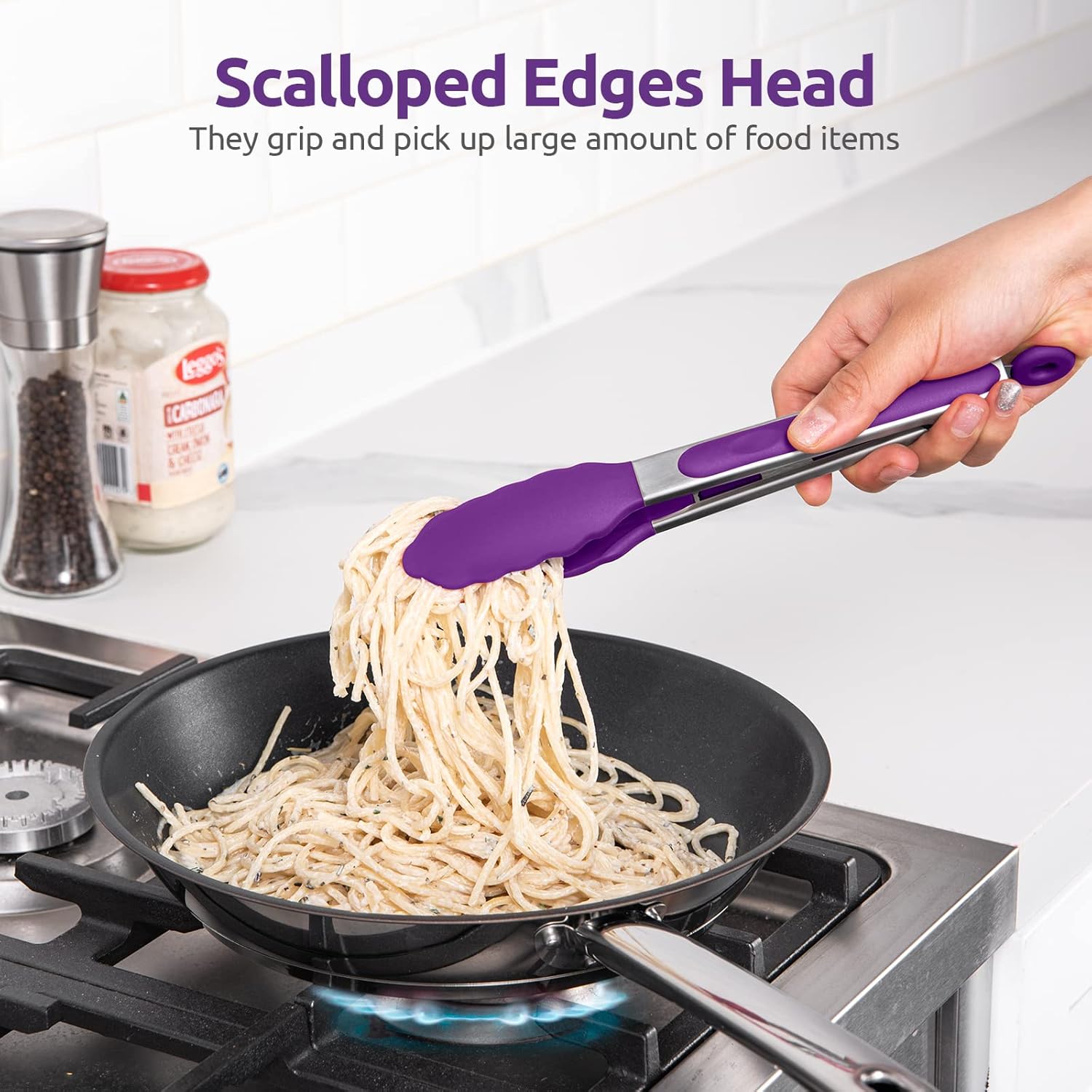 600ºF Heat Resistant 9in Silicone Cooking Tongs with Non Stick Rubber Tips Purple and 10" Kitchen Cooking Tweezer Set: 18/8 Stainless Steel Food-Grade Metal Food Tong Round & Pointed Tip