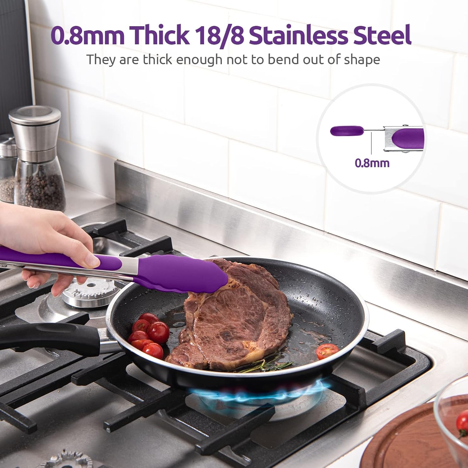 600ºF Heat Resistant 9in Silicone Cooking Tongs with Non Stick Rubber Tips Purple and 10" Kitchen Cooking Tweezer Set: 18/8 Stainless Steel Food-Grade Metal Food Tong Round & Pointed Tip