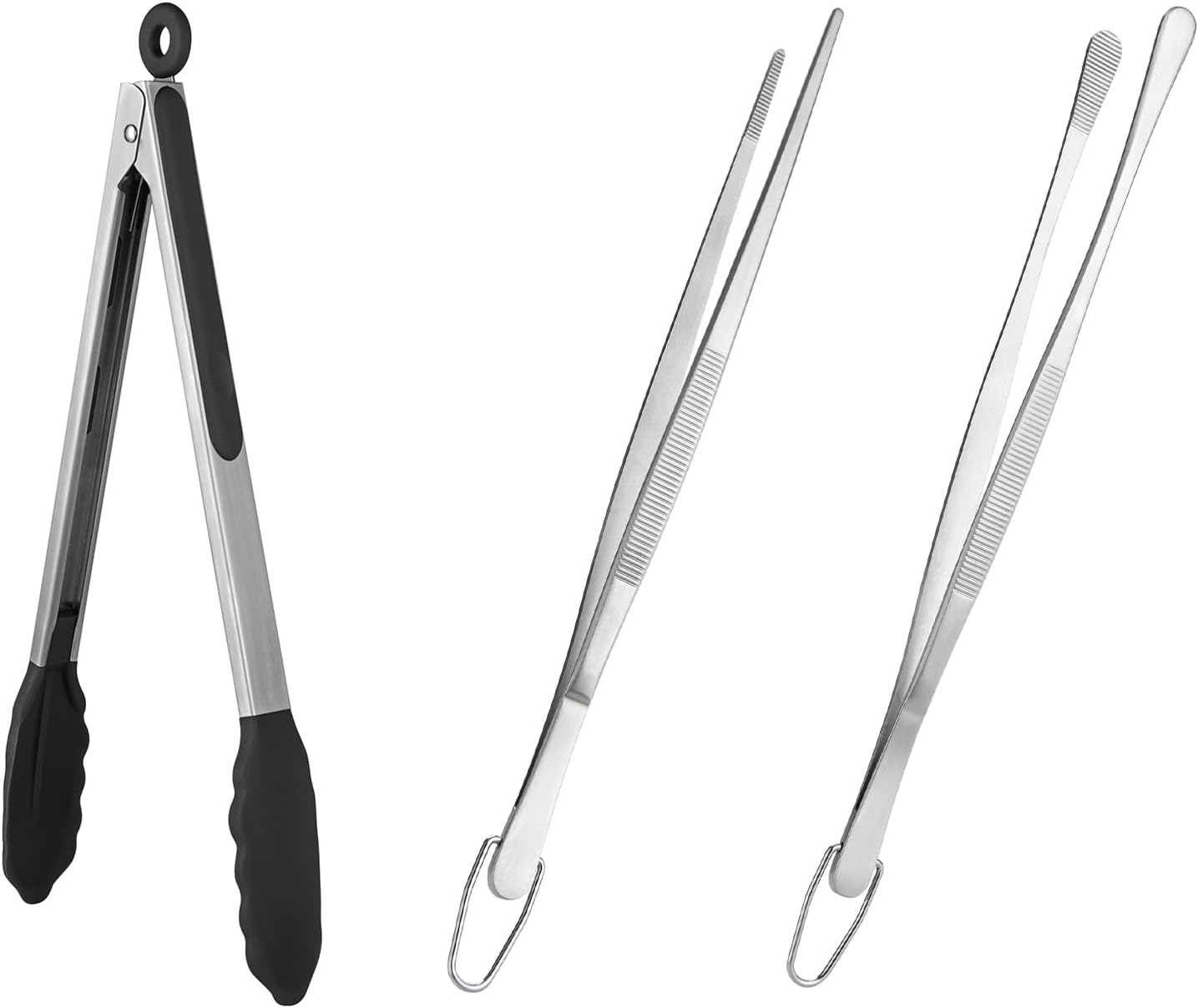 600ºF Heat Resistant 12in Silicone Cooking Tongs with Non Stick Rubber Tips Black and 12" Kitchen Tweezer Set: 18/8 Stainless Steel Food-Grade Metal Food Tong Round & Pointed Tip