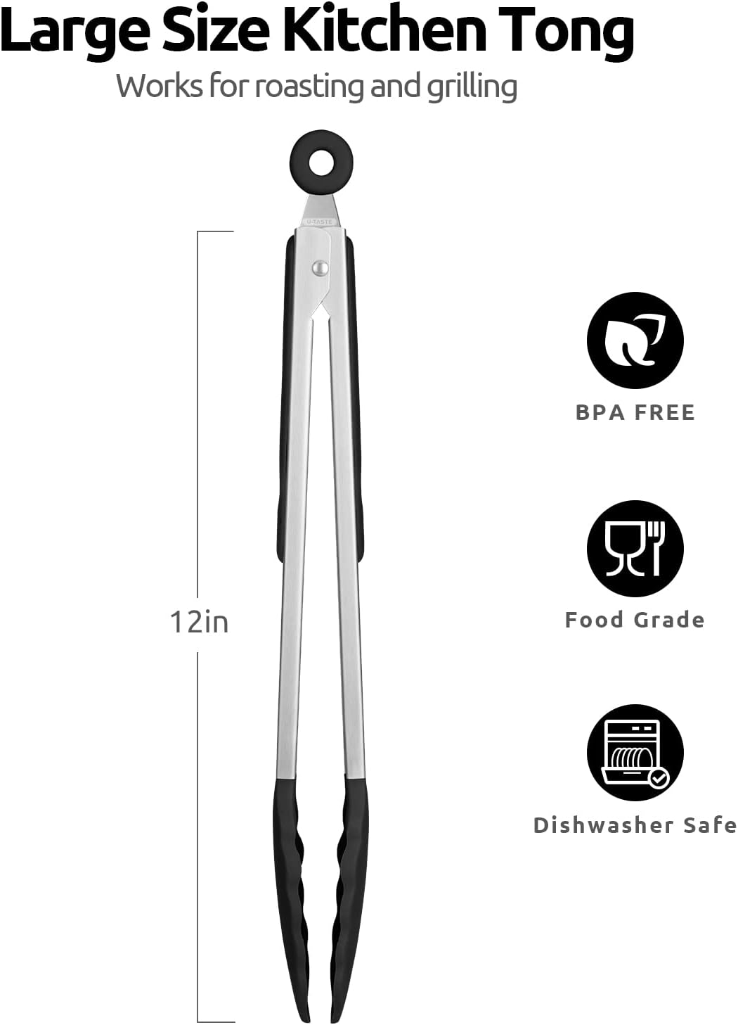 600ºF Heat Resistant 12in Silicone Cooking Tongs with Non Stick Rubber Tips Black and 12" Kitchen Tweezer Set: 18/8 Stainless Steel Food-Grade Metal Food Tong Round & Pointed Tip