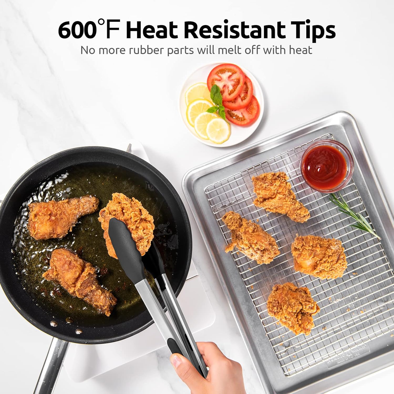 600ºF Heat Resistant 12in Silicone Cooking Tongs with Non Stick Rubber Tips Black and 12" Kitchen Tweezer Set: 18/8 Stainless Steel Food-Grade Metal Food Tong Round & Pointed Tip
