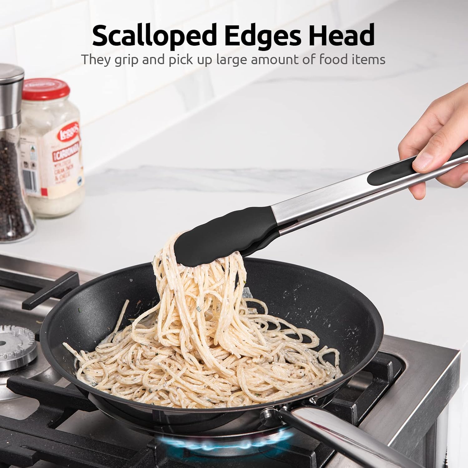 600ºF Heat Resistant 12in Silicone Cooking Tongs with Non Stick Rubber Tips Black and 12" Kitchen Tweezer Set: 18/8 Stainless Steel Food-Grade Metal Food Tong Round & Pointed Tip