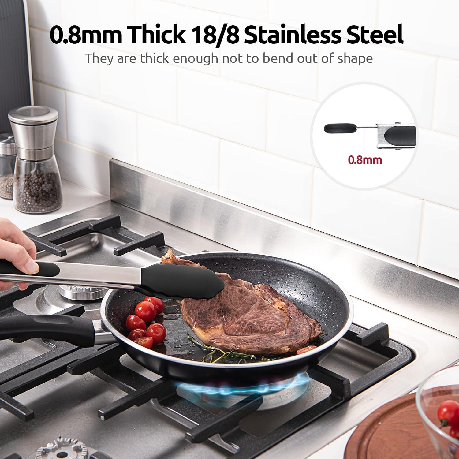 600ºF Heat Resistant 12in Silicone Cooking Tongs with Non Stick Rubber Tips Black and 12" Kitchen Tweezer Set: 18/8 Stainless Steel Food-Grade Metal Food Tong Round & Pointed Tip
