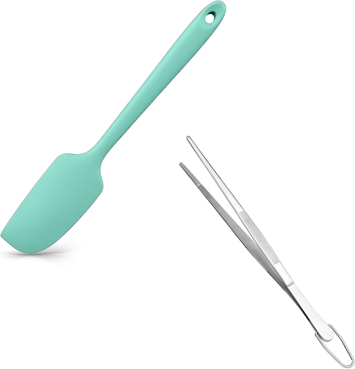 Small Mini Silicone Spatula: 9×2inch 600ºF Heat-Resistant Food-Grade Jar Scraper Aqua Sky and 8in Kitchen Plating Tweezer: 18/8 Stainless Steel Food-Grade Metal Food Tong Pointed Tip