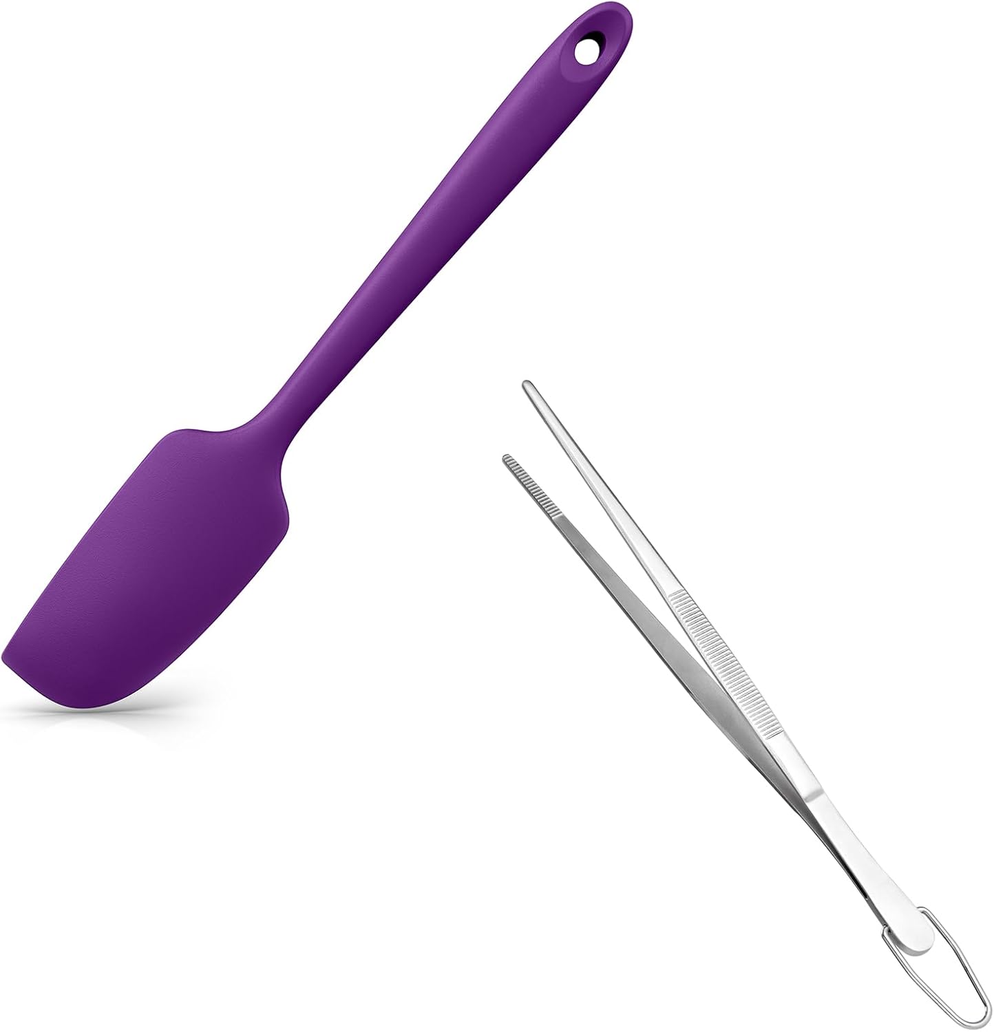 Small Mini Silicone Spatula: 9×2inch 600ºF Heat-Resistant Food-Grade Jar Scraper Purple and 8in Kitchen Plating Tweezer: 18/8 Stainless Steel Food-Grade Metal Food Tong Pointed Tip