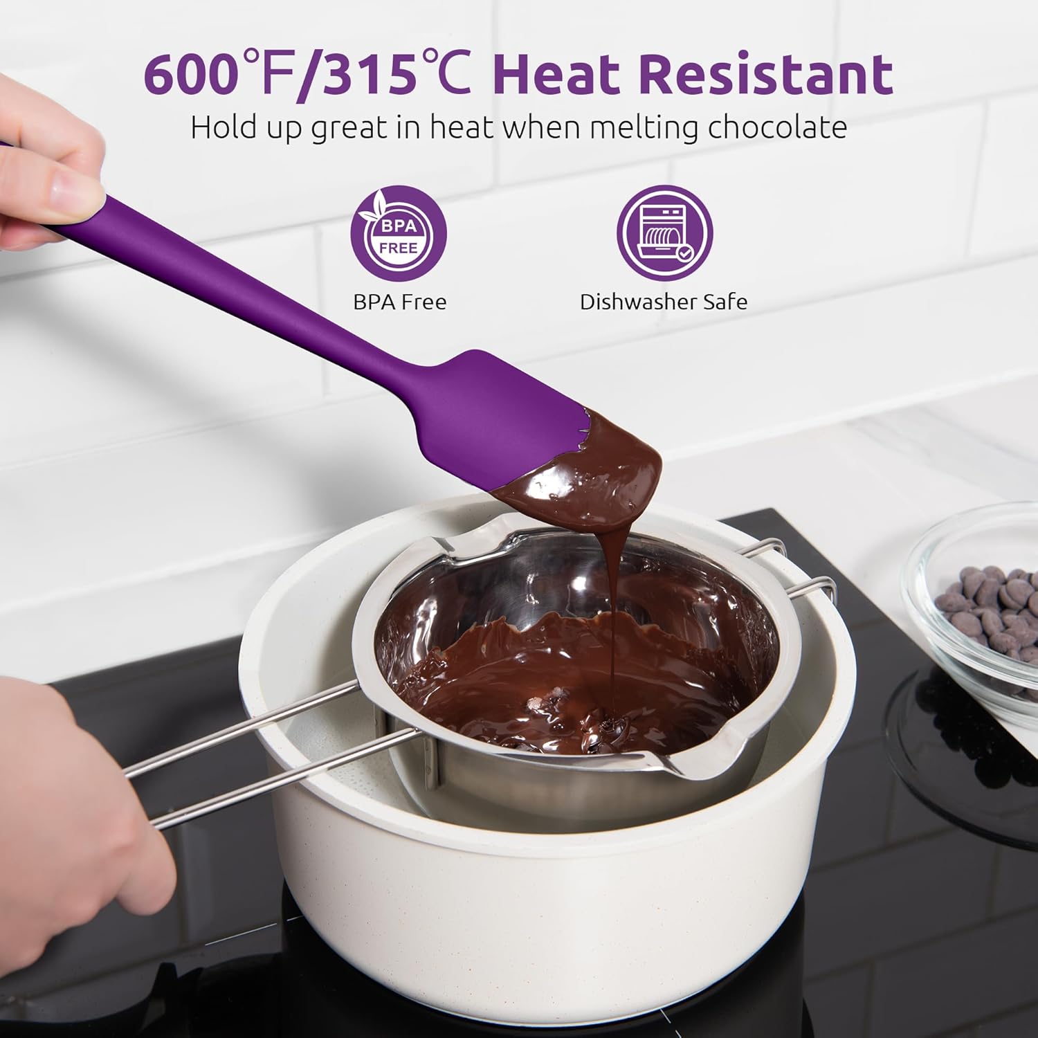 Small Mini Silicone Spatula: 9×2inch 600ºF Heat-Resistant Food-Grade Jar Scraper Purple and 8in Kitchen Plating Tweezer: 18/8 Stainless Steel Food-Grade Metal Food Tong Pointed Tip