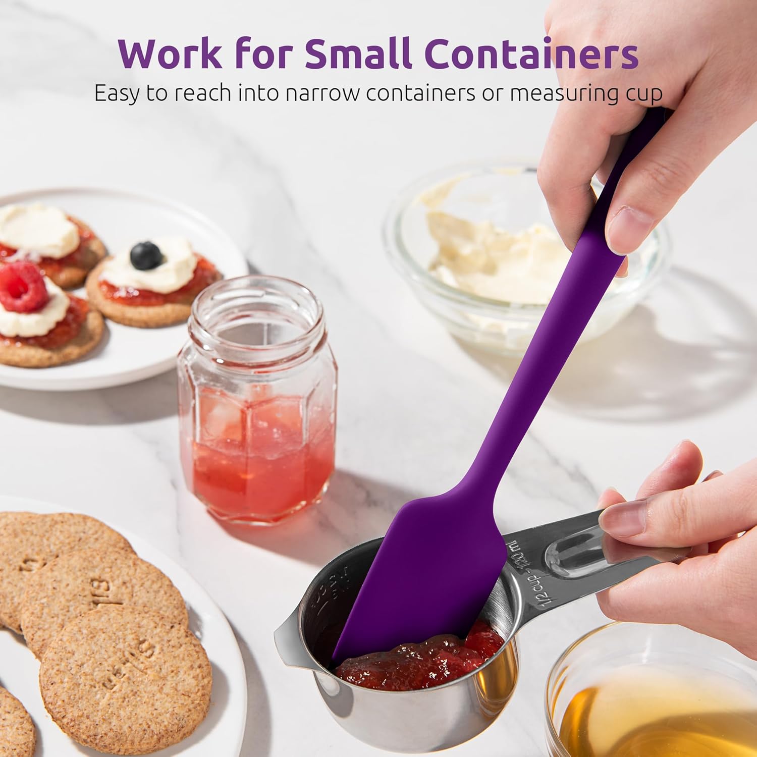 Small Mini Silicone Spatula: 9×2inch 600ºF Heat-Resistant Food-Grade Jar Scraper Purple and 8in Kitchen Plating Tweezer: 18/8 Stainless Steel Food-Grade Metal Food Tong Pointed Tip