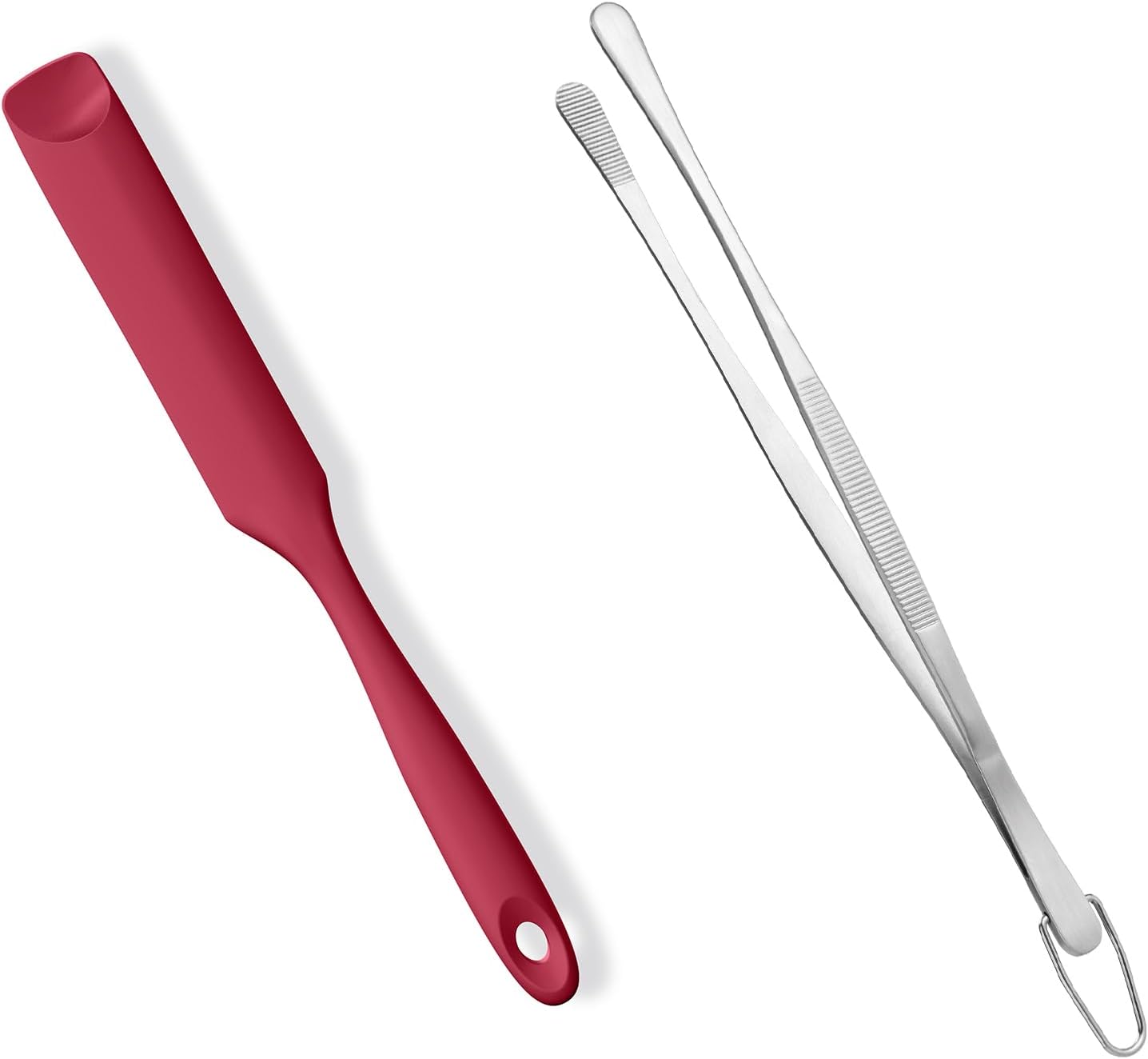 600ºF Heat-Resistant Food-Grade 10in Skinny Silicone Jar Spatula with Spoon Tip Red and 10in Kitchen Cooking Tweezer: 18/8 Stainless Steel Food-Grade Metal Food Tong Round Tip