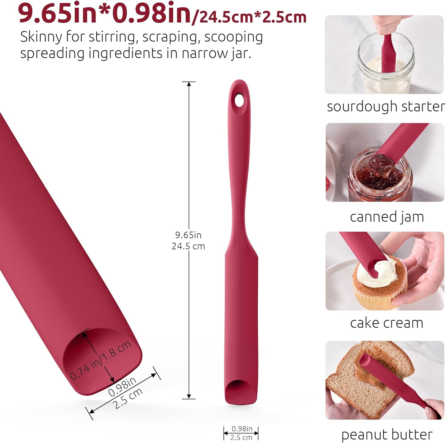 600ºF Heat-Resistant Food-Grade 10in Skinny Silicone Jar Spatula with Spoon Tip Red and 10in Kitchen Cooking Tweezer: 18/8 Stainless Steel Food-Grade Metal Food Tong Round Tip