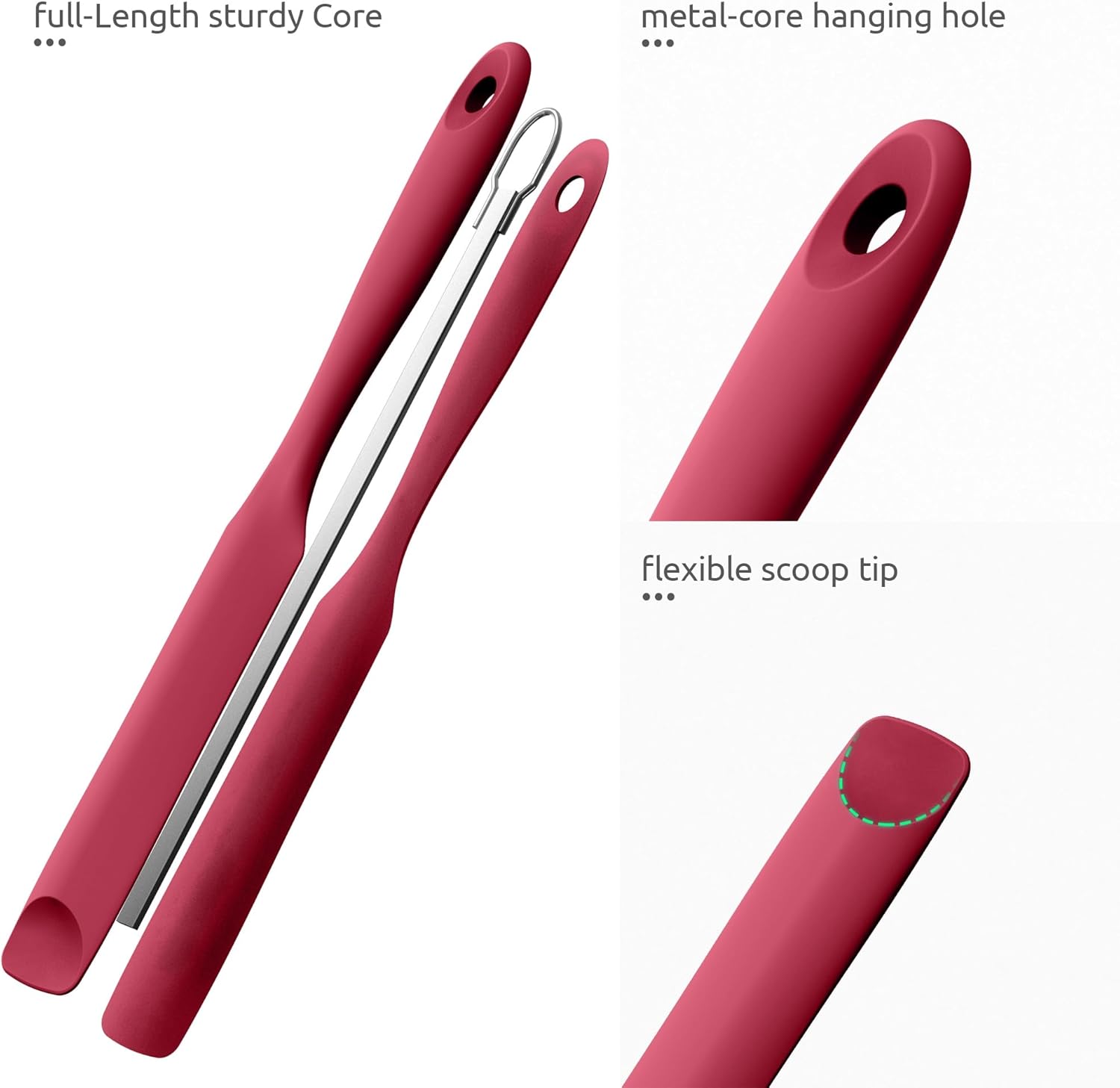600ºF Heat-Resistant Food-Grade 10in Skinny Silicone Jar Spatula with Spoon Tip Red and 10in Kitchen Cooking Tweezer: 18/8 Stainless Steel Food-Grade Metal Food Tong Round Tip