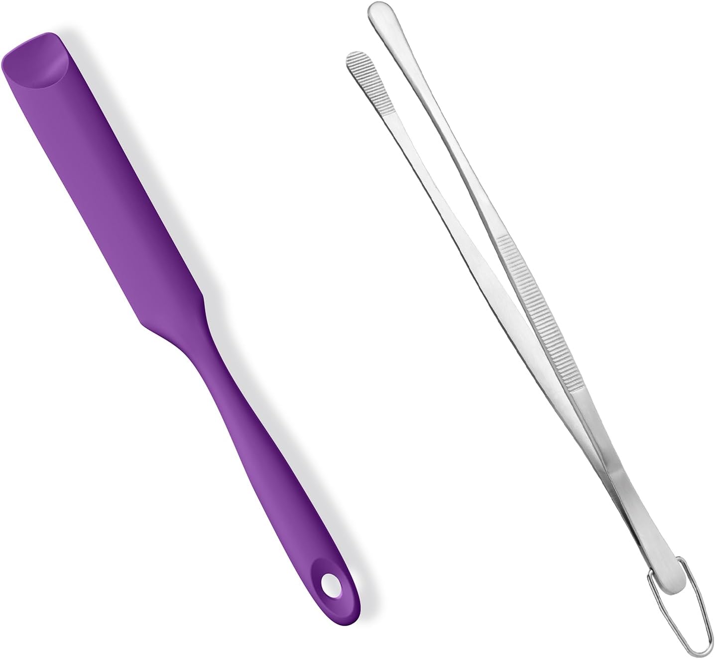 600ºF Heat-Resistant Food-Grade 10in Skinny Silicone Jar Spatula with Spoon Tip Purple and 10in Kitchen Cooking Tweezer: 18/8 Stainless Steel Food-Grade Metal Food Tong Round Tip