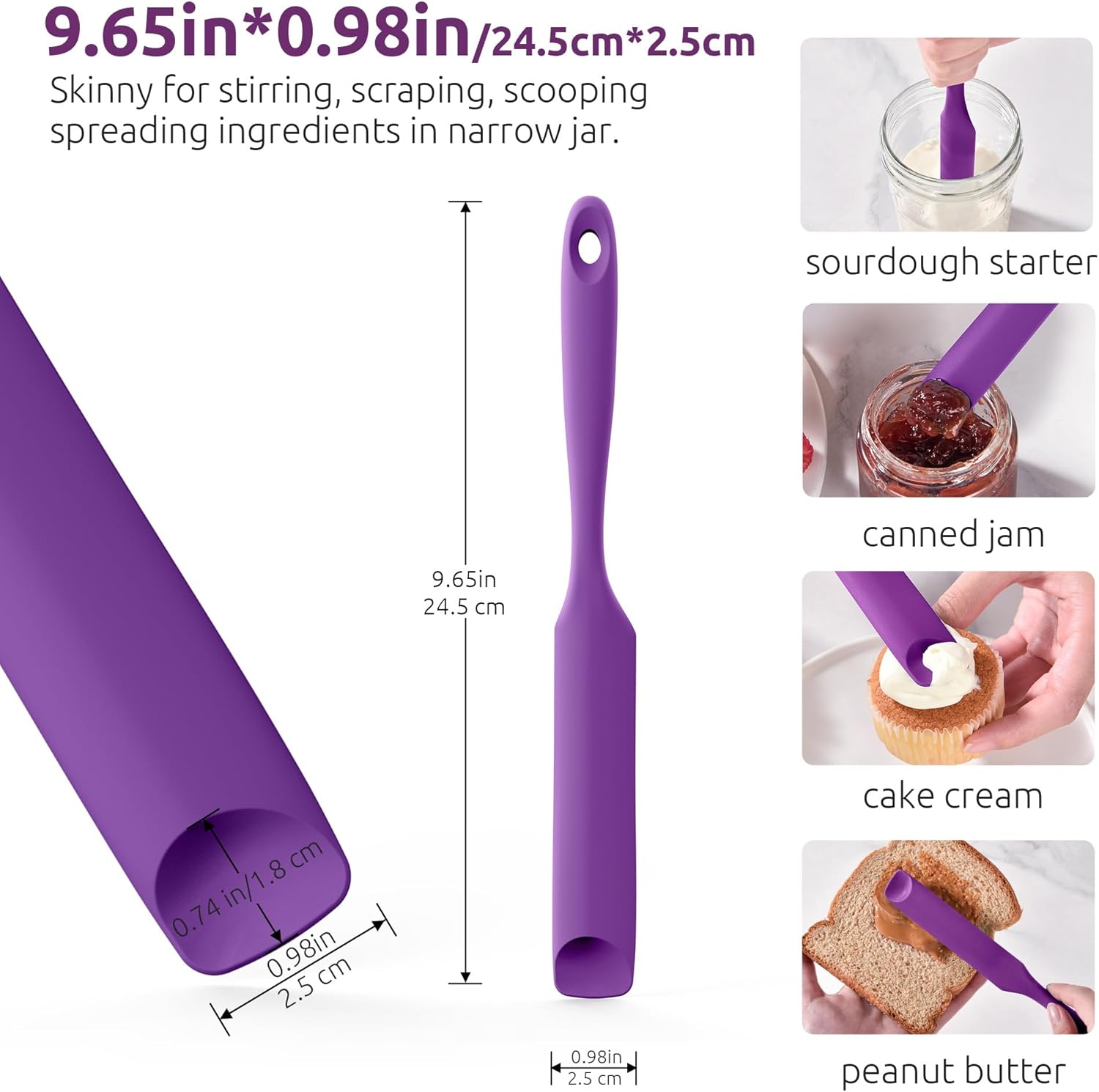 600ºF Heat-Resistant Food-Grade 10in Skinny Silicone Jar Spatula with Spoon Tip Purple and 10in Kitchen Cooking Tweezer: 18/8 Stainless Steel Food-Grade Metal Food Tong Round Tip
