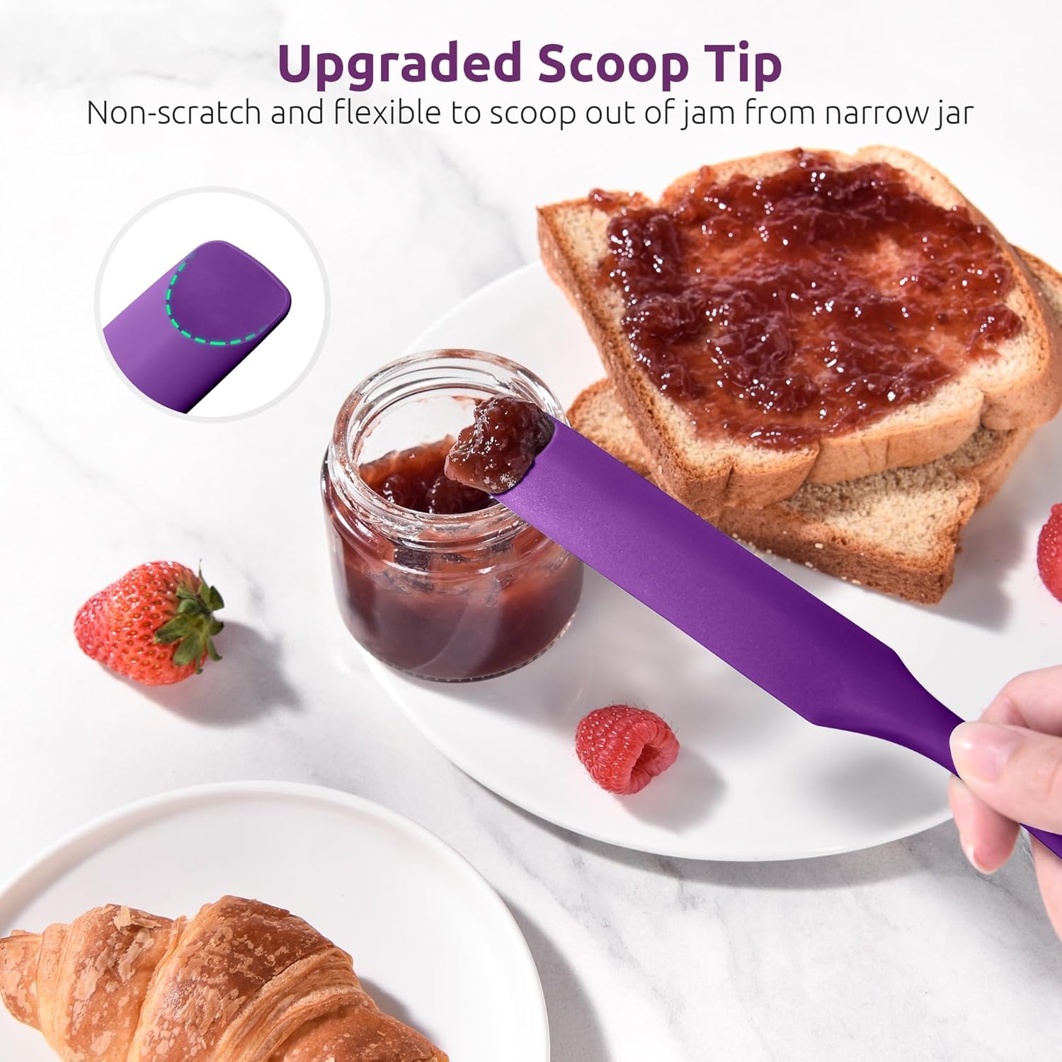 600ºF Heat-Resistant Food-Grade 10in Skinny Silicone Jar Spatula with Spoon Tip Purple and 10in Kitchen Cooking Tweezer: 18/8 Stainless Steel Food-Grade Metal Food Tong Round Tip