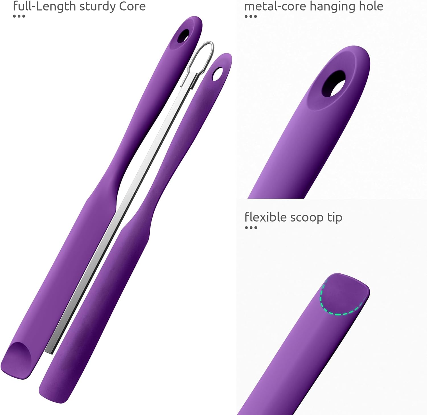 600ºF Heat-Resistant Food-Grade 10in Skinny Silicone Jar Spatula with Spoon Tip Purple and 10in Kitchen Cooking Tweezer: 18/8 Stainless Steel Food-Grade Metal Food Tong Round Tip