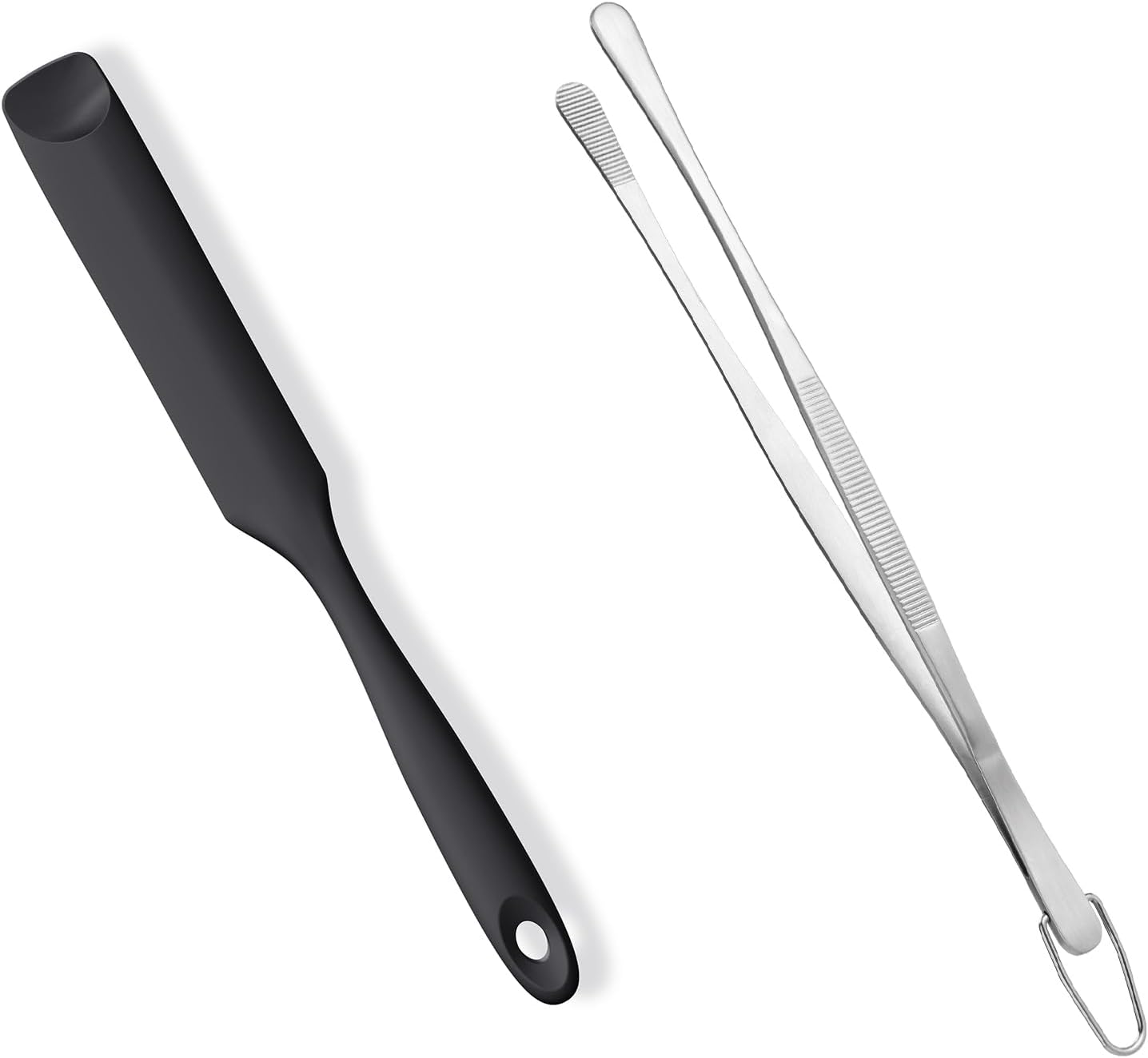 600ºF Heat-Resistant Food-Grade 10in Skinny Silicone Jar Spatula with Spoon Tip Black and 10in Kitchen Cooking Tweezer: 18/8 Stainless Steel Food-Grade Metal Food Tong Round Tip