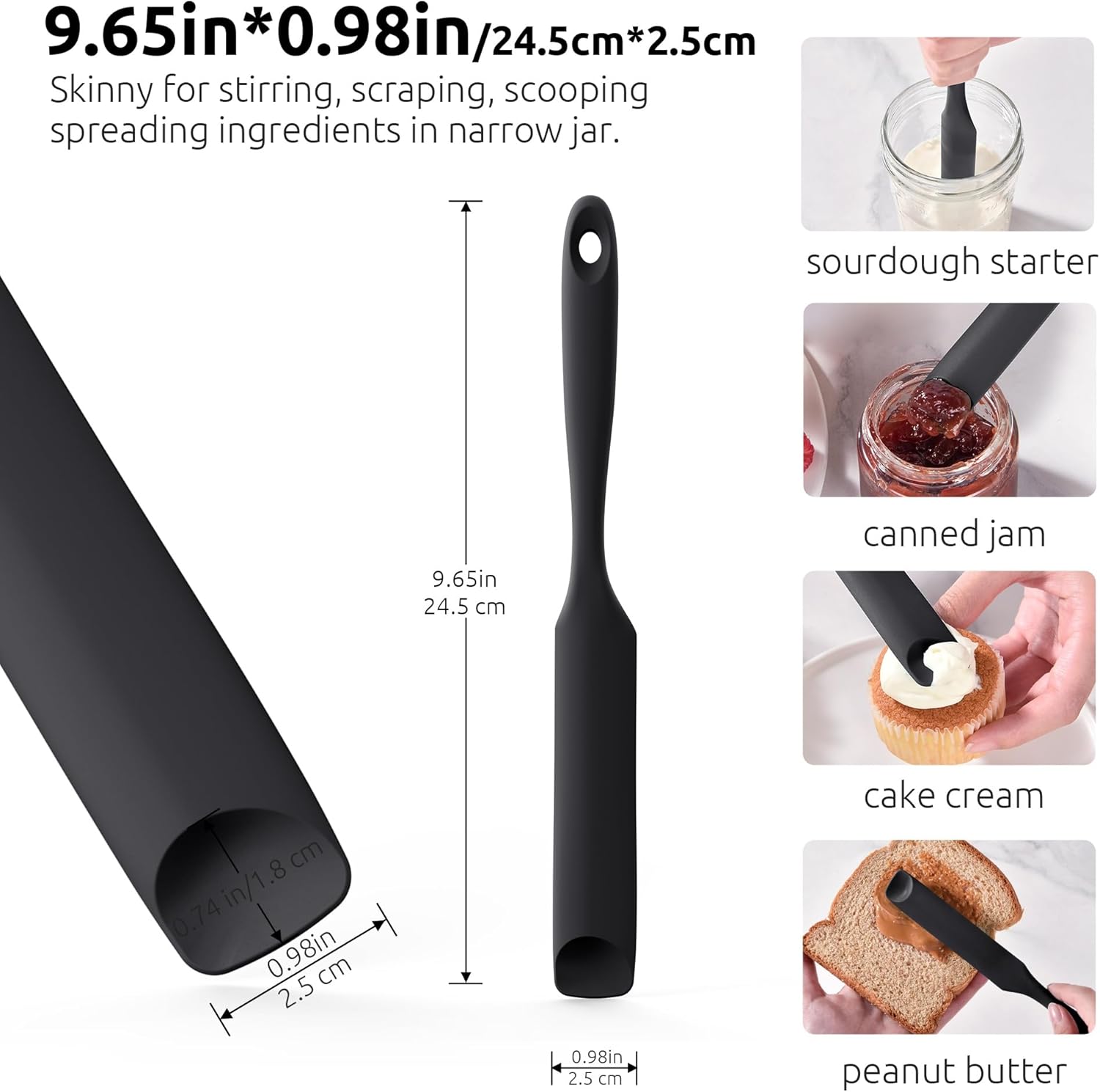 600ºF Heat-Resistant Food-Grade 10in Skinny Silicone Jar Spatula with Spoon Tip Black and 10in Kitchen Cooking Tweezer: 18/8 Stainless Steel Food-Grade Metal Food Tong Round Tip