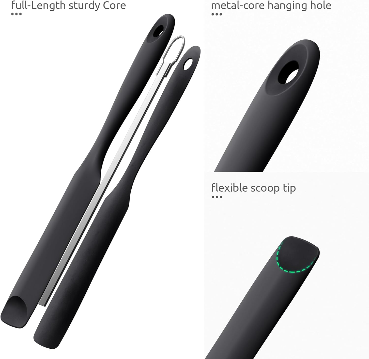600ºF Heat-Resistant Food-Grade 10in Skinny Silicone Jar Spatula with Spoon Tip Black and 10in Kitchen Cooking Tweezer: 18/8 Stainless Steel Food-Grade Metal Food Tong Round Tip