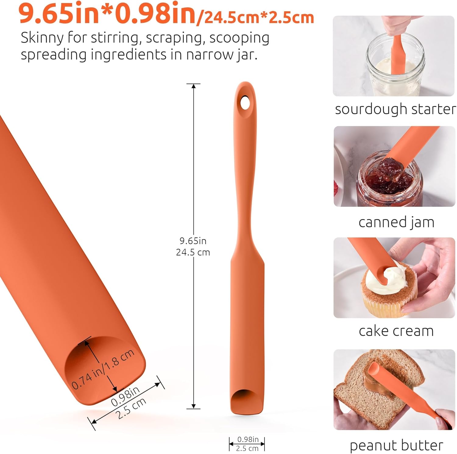 600ºF Heat-Resistant Food-Grade 10in Skinny Silicone Jar Spatula with Spoon Tip Orange and 10in Kitchen Cooking Tweezer: 18/8 Stainless Steel Food-Grade Metal Food Tong Round Tip
