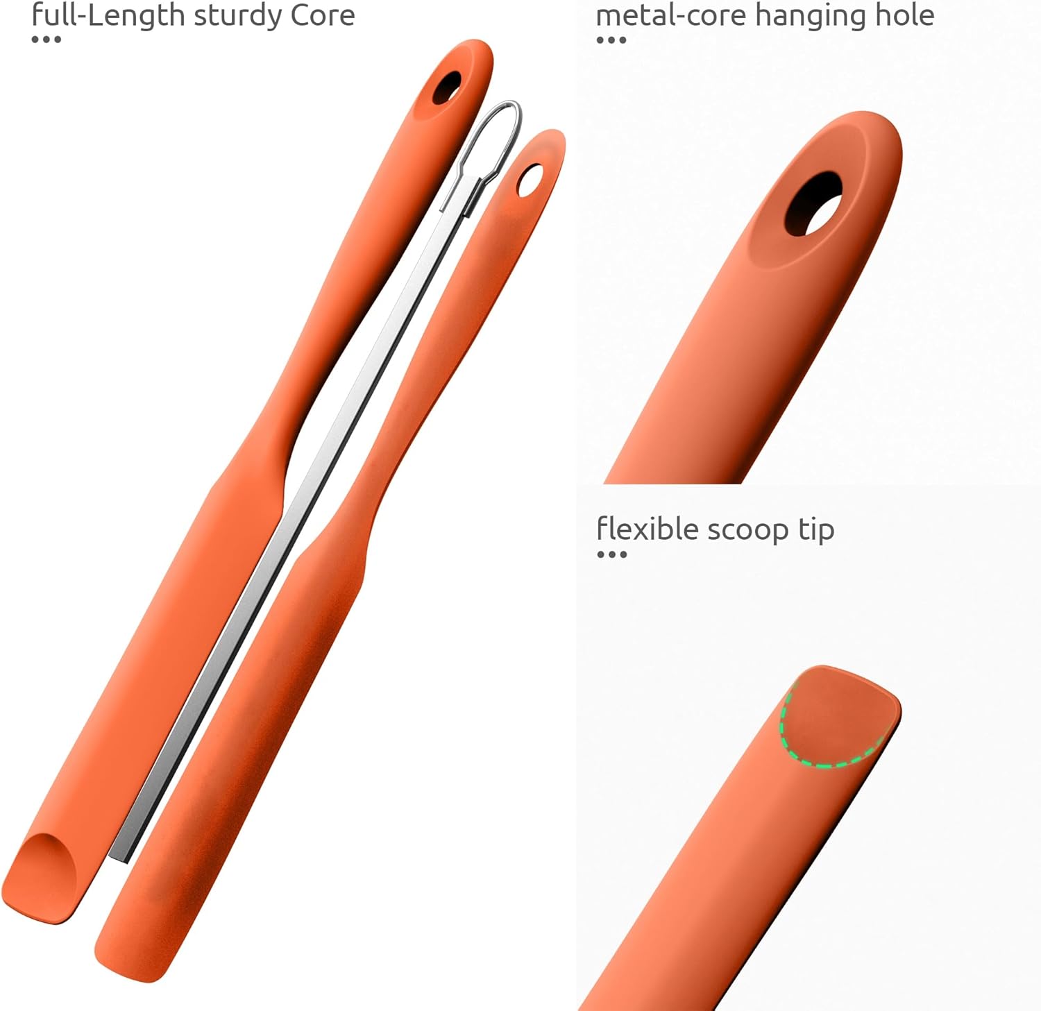 600ºF Heat-Resistant Food-Grade 10in Skinny Silicone Jar Spatula with Spoon Tip Orange and 10in Kitchen Cooking Tweezer: 18/8 Stainless Steel Food-Grade Metal Food Tong Round Tip