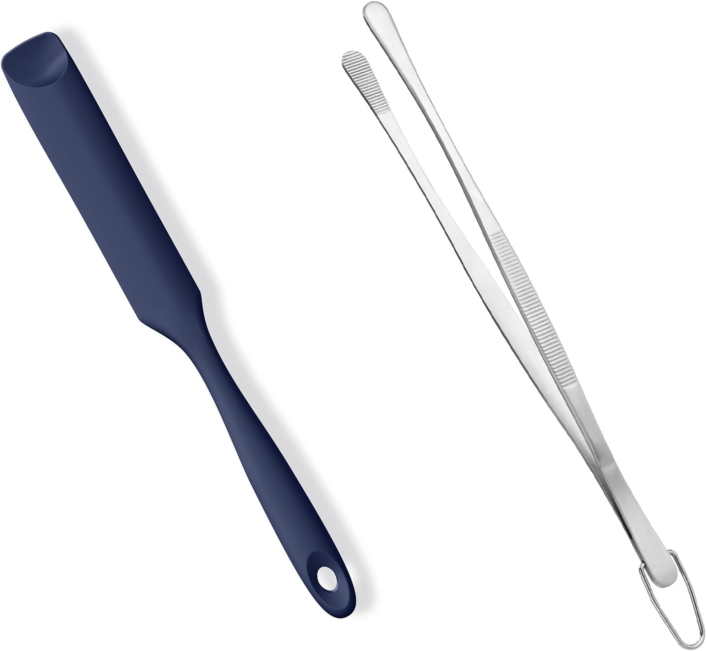 600ºF Heat-Resistant Food-Grade 10in Skinny Silicone Jar Spatula with Spoon Tip Midnight Blue and 10in Kitchen Cooking Tweezer: 18/8 Stainless Steel Food-Grade Metal Food Tong Round Tip