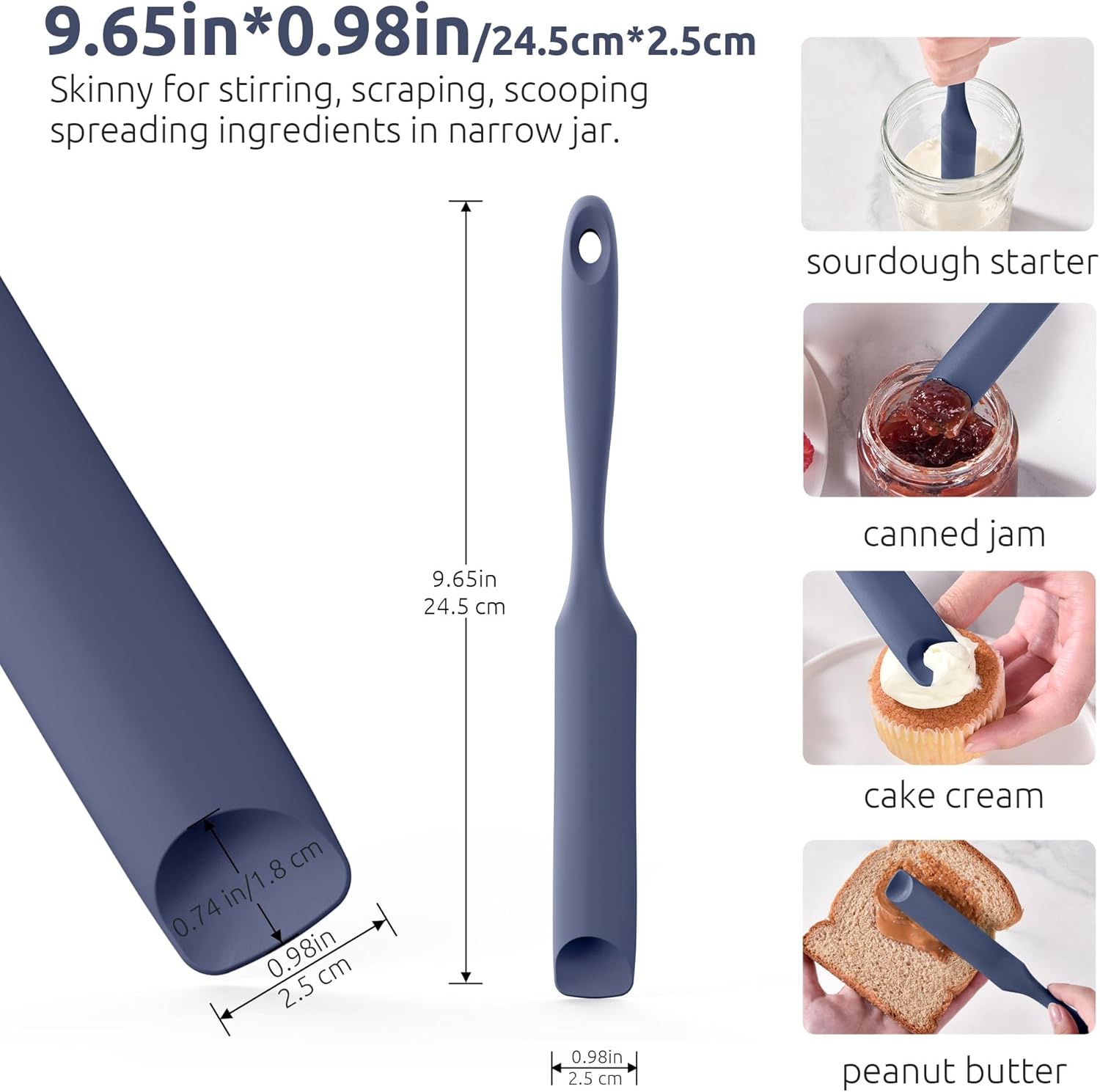 600ºF Heat-Resistant Food-Grade 10in Skinny Silicone Jar Spatula with Spoon Tip Midnight Blue and 10in Kitchen Cooking Tweezer: 18/8 Stainless Steel Food-Grade Metal Food Tong Round Tip