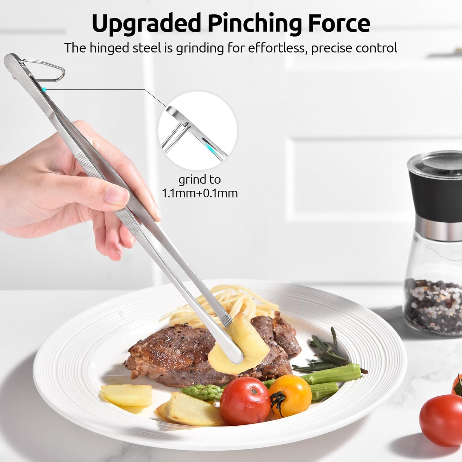 600ºF Heat-Resistant Food-Grade 10in Skinny Silicone Jar Spatula with Spoon Tip Midnight Blue and 10in Kitchen Cooking Tweezer: 18/8 Stainless Steel Food-Grade Metal Food Tong Round Tip
