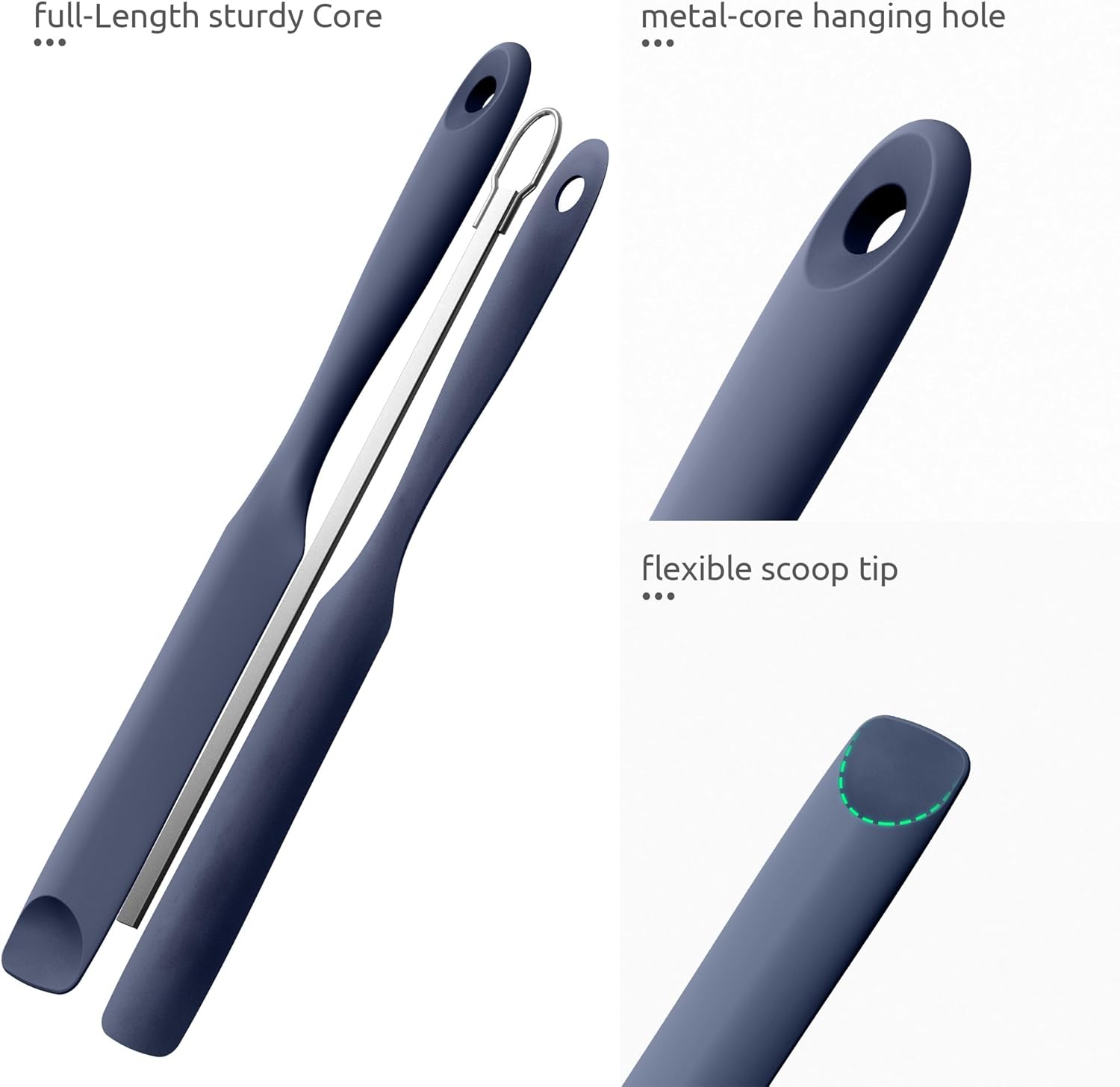 600ºF Heat-Resistant Food-Grade 10in Skinny Silicone Jar Spatula with Spoon Tip Midnight Blue and 10in Kitchen Cooking Tweezer: 18/8 Stainless Steel Food-Grade Metal Food Tong Round Tip