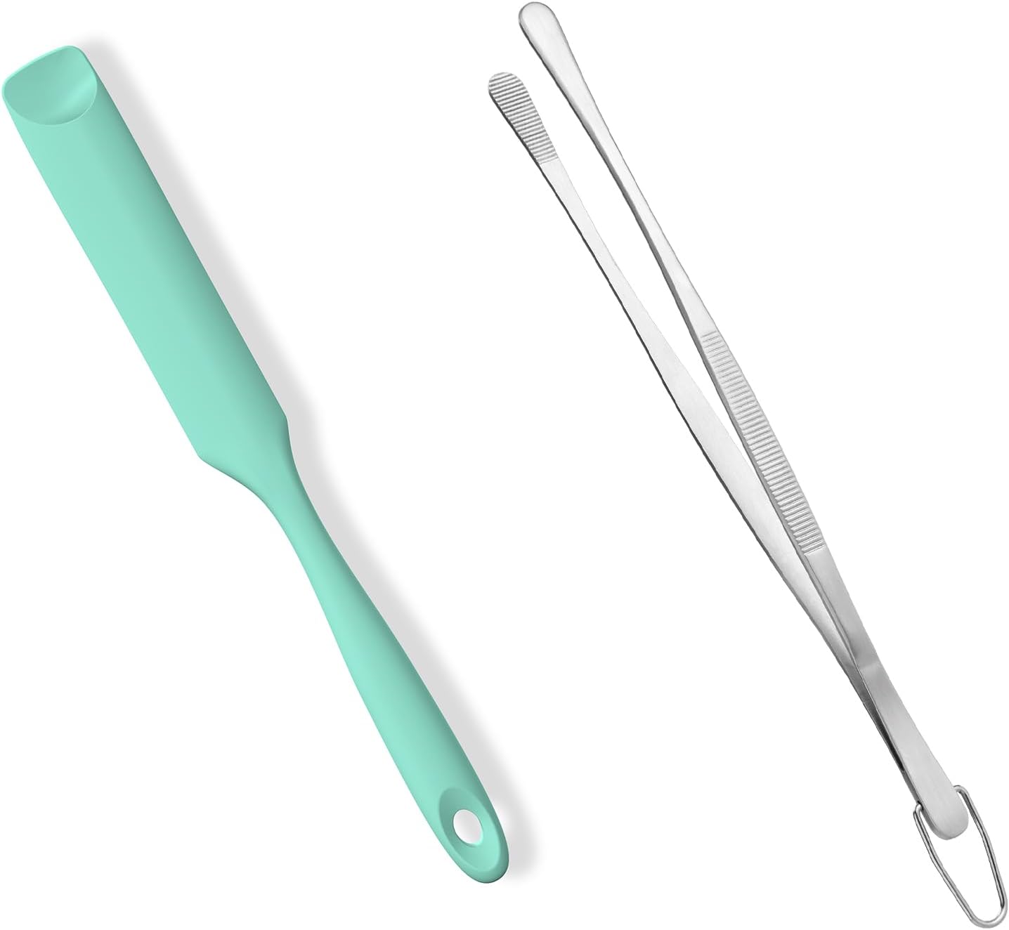 600ºF Heat-Resistant Food-Grade 10in Skinny Silicone Jar Spatula with Spoon Tip Aqua Sky and 10in Kitchen Cooking Tweezer: 18/8 Stainless Steel Food-Grade Metal Food Tong Round Tip