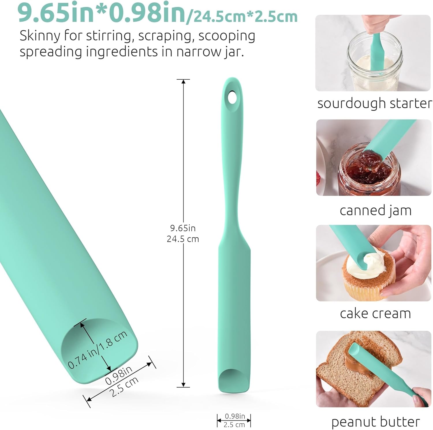 600ºF Heat-Resistant Food-Grade 10in Skinny Silicone Jar Spatula with Spoon Tip Aqua Sky and 10in Kitchen Cooking Tweezer: 18/8 Stainless Steel Food-Grade Metal Food Tong Round Tip